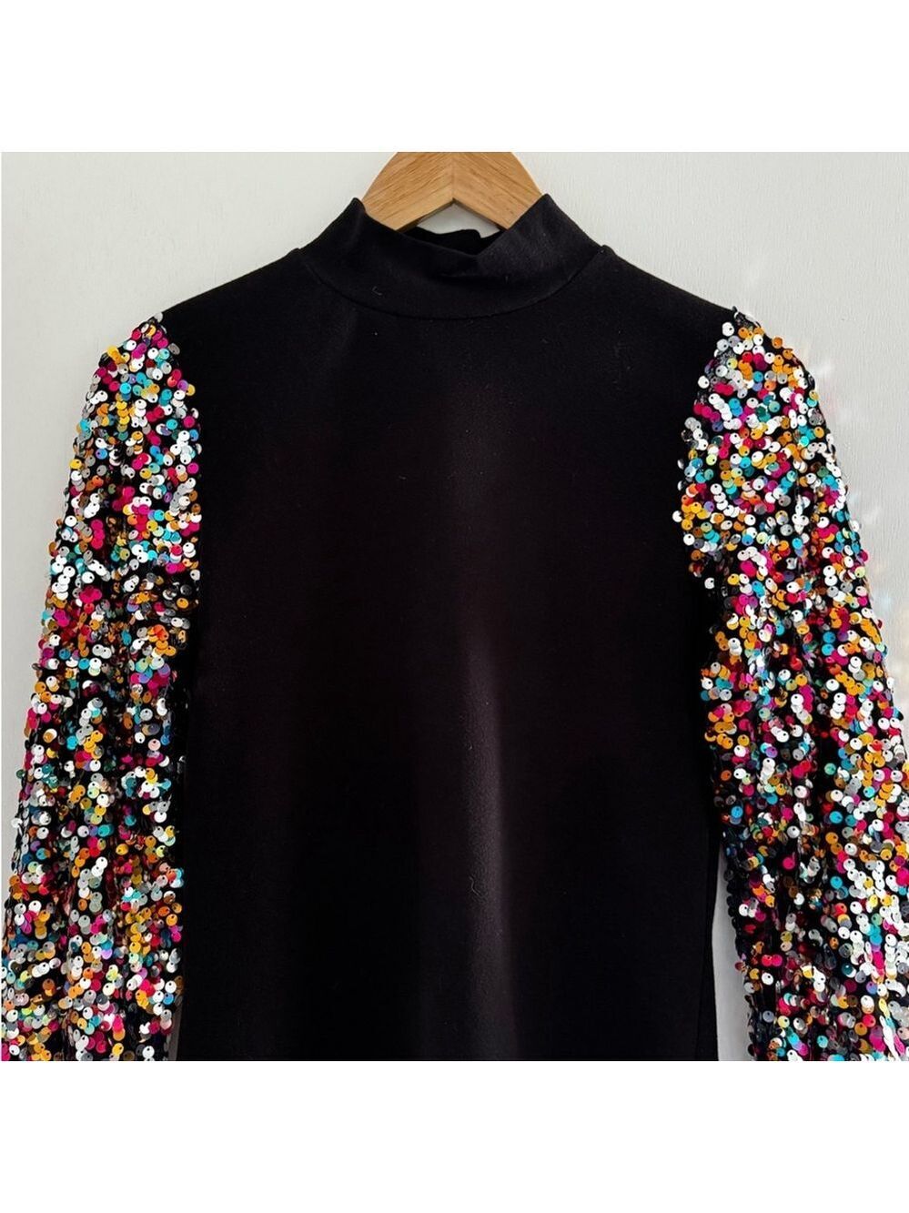 Maximalist Sequin Sleeve Mock Neck Top Statement Party Retro Glam - Picture 2 of 10